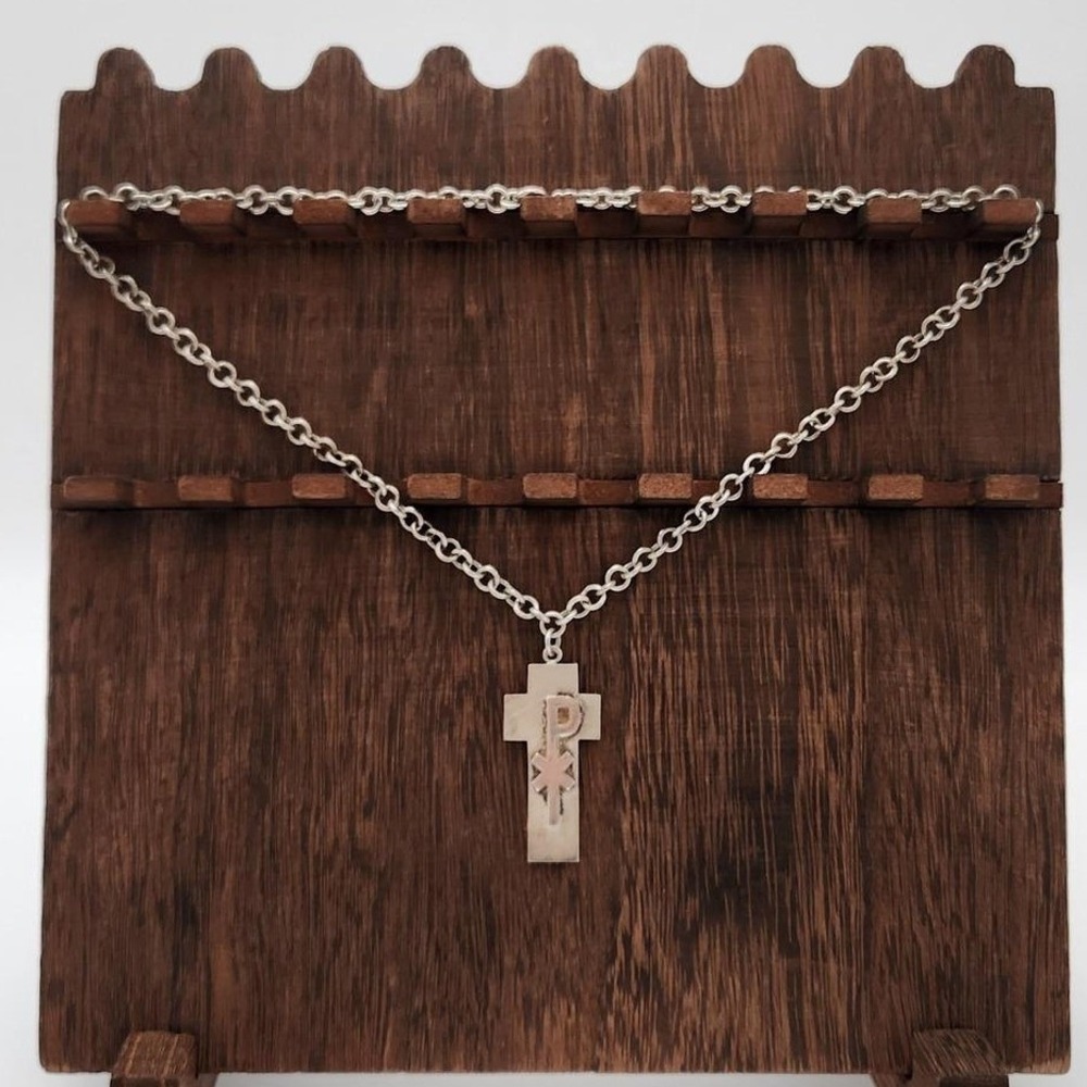 F.J. Chi Rho Cross Necklace Unisex 22in‎ Silver Sterling 925 Textured Pendant